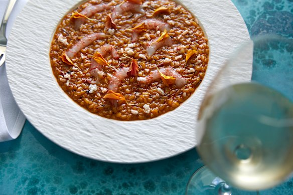 Prichard's koshihikari risotto, XO and spot prawn crudo at Icebergs Dining Room and Bar in 2023.