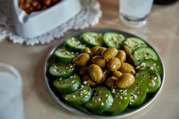 Olives and cucumbers.