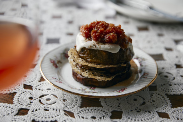 “Hot ‘n’ cold eggplant” with cashew cream and tomatoes.