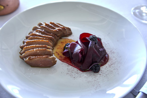 Duck breast with rhubarb, beetroot, blackberries and shiso.