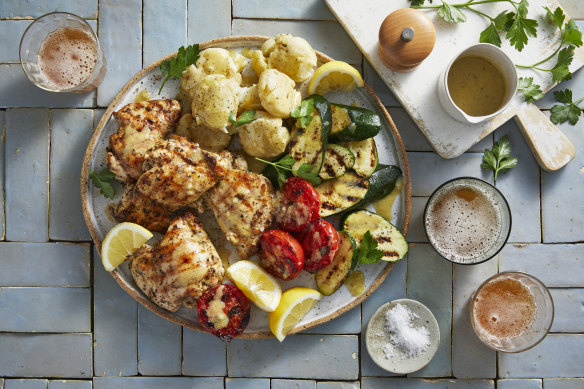 Italian marinated chicken with grilled vegetables and smushed potatoes.
