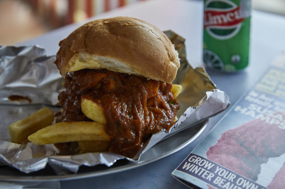 Chip butty with butter chicken gravy at Derrel’s.