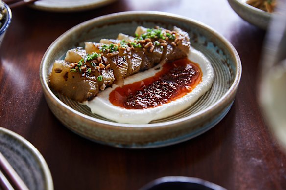 Braised winter melon with smoked almond cream and chilli oil.