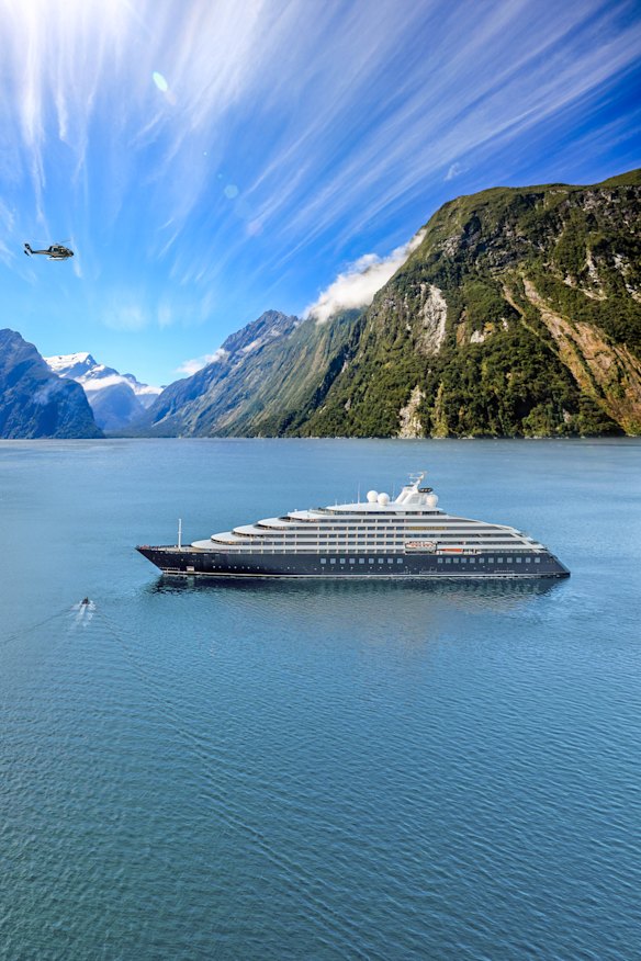 The Scenic Eclipse II at Milford Sound; the ship is 168 metres long and caters for just 228 passengers.