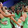 The Fever celebrate after winning the Super Netball Major Semi Final match  at RAC Arena.