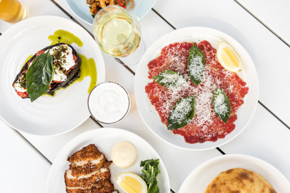 Share plates from The Boathouse Group’s opening menu, including beef carpaccio, calamari fritti and eggplant parmigiana.