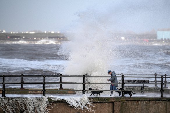 A person walks their dogs along the sea wall as waves created by the high winds of Storm Boelo hit the sea wall at New Brighton promenade on October 25, 2026 in New Brighton, United Kingdom. An amber warning remains in place on Sunday for strong winds across northern parts of the UK, with the storm causing travel disruptions and power cuts. Storm Boelo became the second named storm affecting the UK in 48 hours, following hot on the heels of Storm Austen, which battered southern England and Wales with strong winds and rain.
