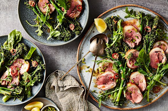 Dial up the umami in this warm lamb salad by roasting broccolini with chilli, anchovy and lemon butter.