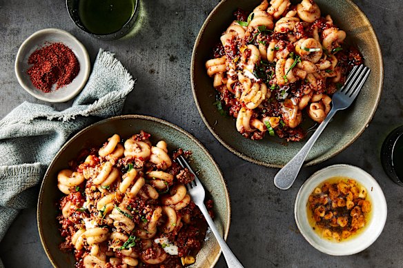 An easy midweek pasta dish that riffs on the flavours of Turkish manti dumplings.