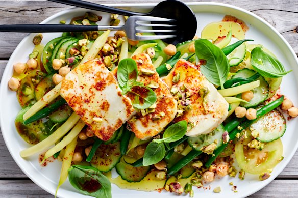 Green bean and chickpea salad with crispy halloumi and tajin dressing.