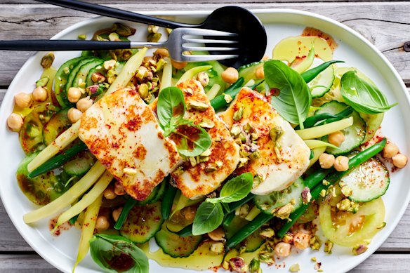 Green bean and chickpea salad with crispy halloumi and tajin dressing.