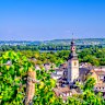 Rudesheim am Rhein with clock tower spire of St Jakobus church.