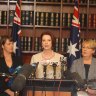 Julia Gillard, flanked by Nicola Roxon and Jenny Macklin, announce the commissioners for the royal commission into child sexual abuse in January 2013.