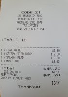 Receipt for lunch at Code 21, Brunswick.