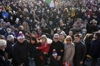 Novak Djokovic’s family, including brother Djordje (right) at a protest in Belgrade.