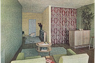 Roy Grounds’ own flat in Toorak’s Quamby apartments, with curtain covering kitchenette in Frances Burke’s Rangga, 1940.
