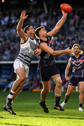 Sean Darcy has done the heavy lifting in the ruck for the Dockers, including in round 10 against Geelong’s Tom Hawkins.