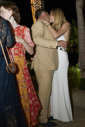 Karl Stefanovic and Jasmine Yarbrough embrace at their pre-wedding cocktail reception in Mexico on Thursday night.