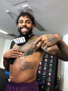Josh Addo-Carr and the Premiers tattoo he will update.