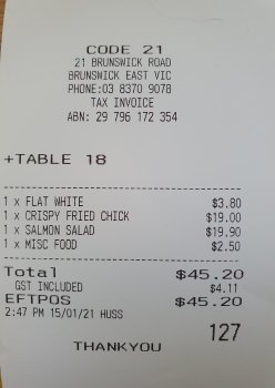 Receipt for lunch at Code 21, Brunswick.