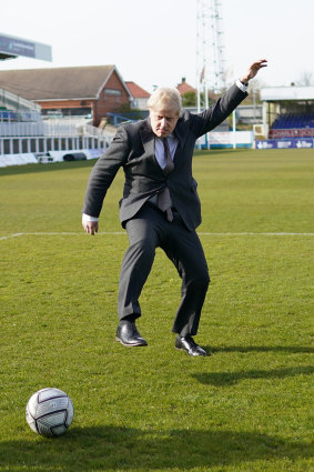 Prime Minister Boris Johnson practices his football skills as he visits Hartlepool United Football Club, ahead of the May 6 by-election. 