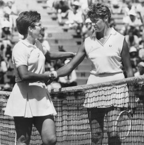 Billie Jean King, left, is congratulated by  Margaret Court on her win at Kooyong in 1968.