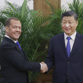 As  Penny Wong was meeting Wang Yi, President Xi Jinping was greeting the deputy head of Russia’s Security Council, Dmitry Medvedev, in the same compound. 