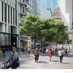 An artist’s impression of a pedestrianised section of Hunter Street between George and Pitt streets in Sydney’s CBD.