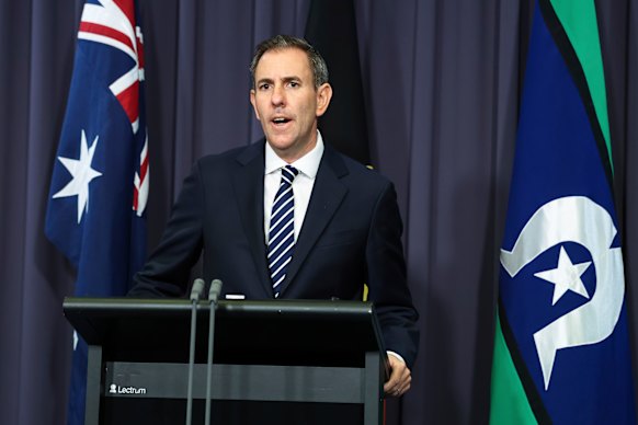 Treasurer Jim Chalmers in a press conference at Parliament House in Canberra on Tuesday.