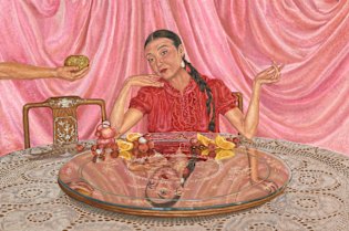 Archibald Prize 2025 finalist Whitney Duan’s portrait entitled Banquet (Rainbow Chan), oil, sand and gold leaf on canvas, 119.6 x 180cm. Sitter: Chun Yin Rainbow Chan 陳雋然