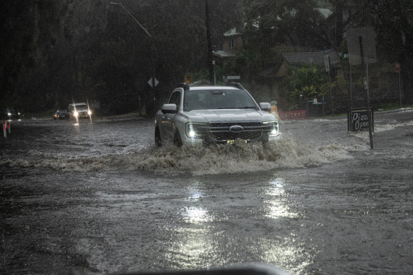 Flash flooding at Careel Bay on Tuesday afternoon.