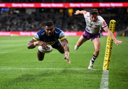 Eels winger Maika Sivo crosses for his 20th try in 22 games at Bankwest Stadium.