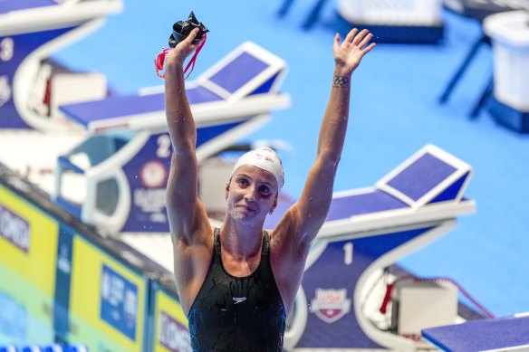 USA swimming star Regan Smith after breaking the world record in the women’s 100m backstroke.