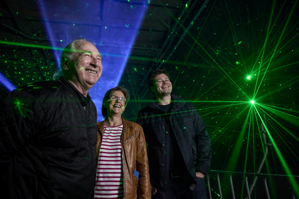 Michael Hassett, festival director Gill Minervini and Richard Neville from Mandylights (left to right) at the preview of the Convergence installation in Haymarket.