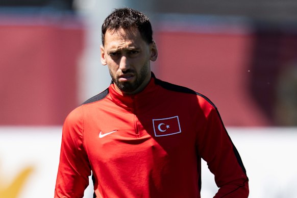 Turkey’s Hakan Calhanoglu warms up during a training session in Vancouver on Friday.
