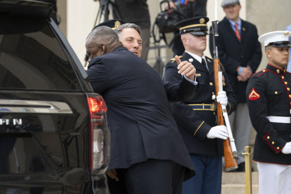 US Defence Secretary Lloyd Austin and Australian Deputy Prime Minister and Minister of Defence Richard Marles share an embrace at the Pentagon 