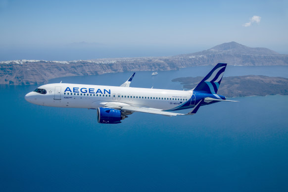 Aegean A320neo and a sea view over Greece.