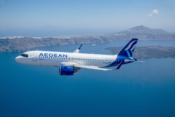 Aegean A320neo and a sea view over Greece.