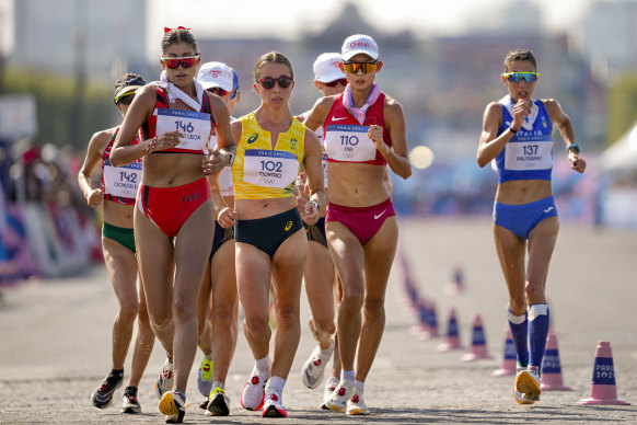 Kimberly Garcia Leon, of Peru, (146), Australia’s Jemima Montag (102) and China’s Ma Zhenxia (110) compete.