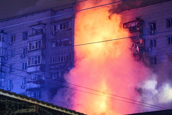 Fire rages after a Russian missile hit a multi-storey residential building in Vyshgorod, outside Kyiv, on Sunday.