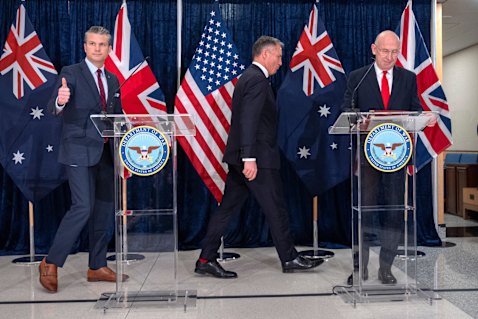 US Defence Secretary Pete Hegseth, Australia’s Defence Minister Richard Marles, and Britain’s John Healey, who quit as defence secretary on Thursday, complaining that the Starmer government was spending too little defending the nation. 