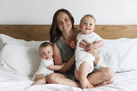 Daisy Pearce with her twins Sylvie and Roy. 