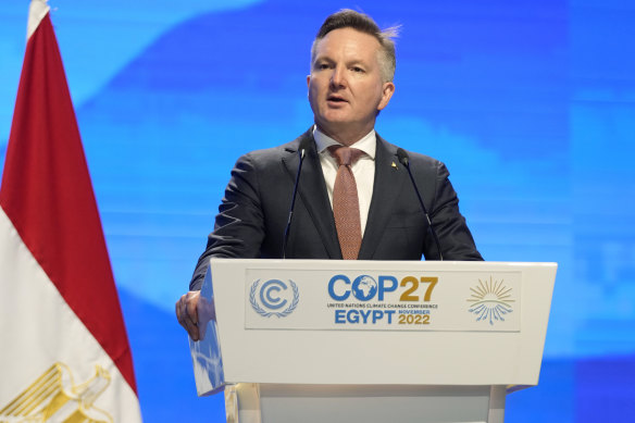 Christopher Bowen, minister of climate change and energy of Australia, speaks at the COP27 UN Climate Summit in Sharm el-Sheikh, Egypt.