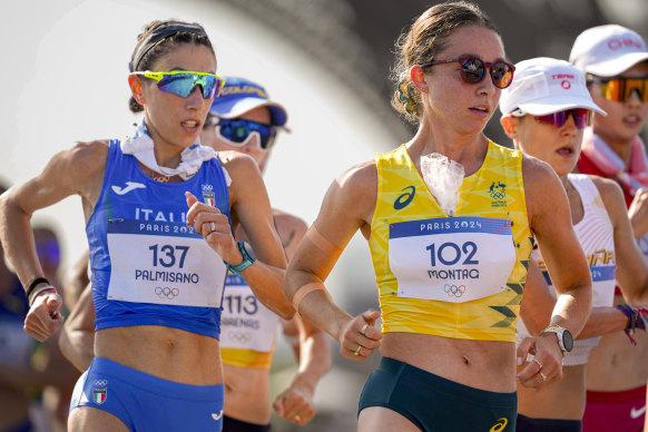 Australian race walker Jemima Montag treading the streets of Paris.