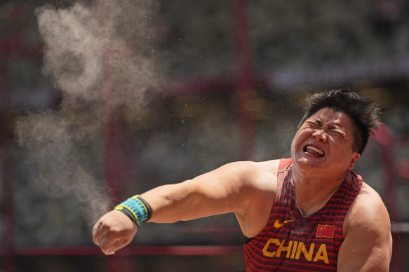 Gong Lijiao, of China, competes in the final of the women’s shot put in Tokyo on Sunday.