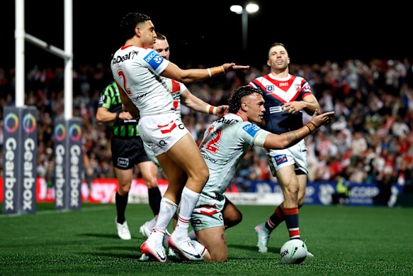 Jaydn Su’a celebrates a try for the Dragons last July.