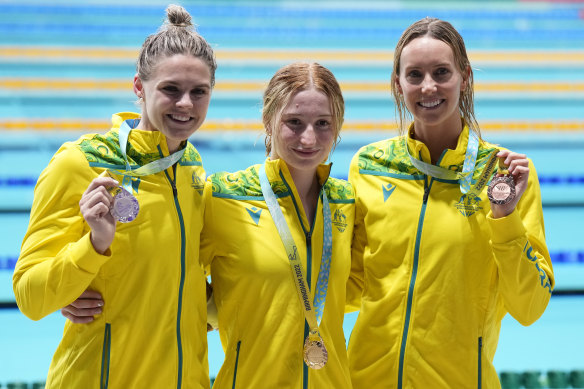 Shayna Jack (silver medal), Mollie O’Callaghan (gold medal) and Emma McKeon (bronze medal) at the Commonwealth Games in Birmingham last year. 