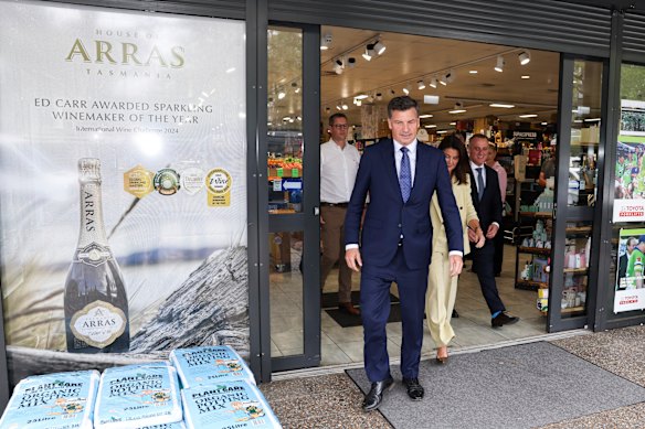 Opposition Leader Angus Taylor departing the Red Hill SupaExpress supermarket on Wednesday. 