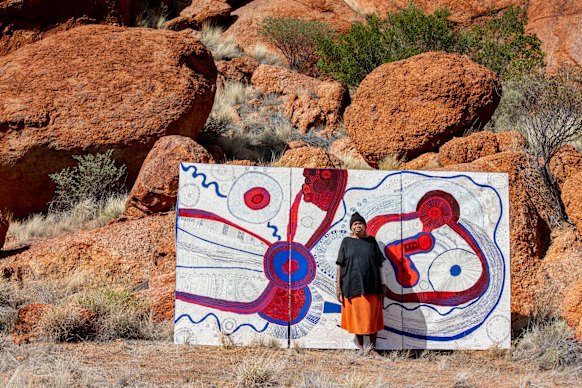 Betty Kuntiwa Pumani with her major work, Antara, commissioned for Malatja-malatja at Bundanon, 2025.