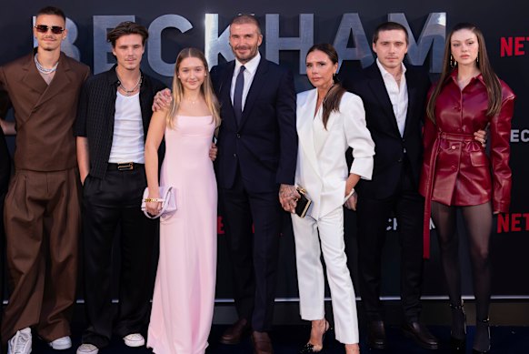 (From left) Romeo Beckham, Cruz Beckham, Harper Beckham, David Beckham, Victoria Beckham, Brooklyn Beckham and Nicola Peltz Beckham at the premiere of the Netflix docuseries Beckham in London in 2023.